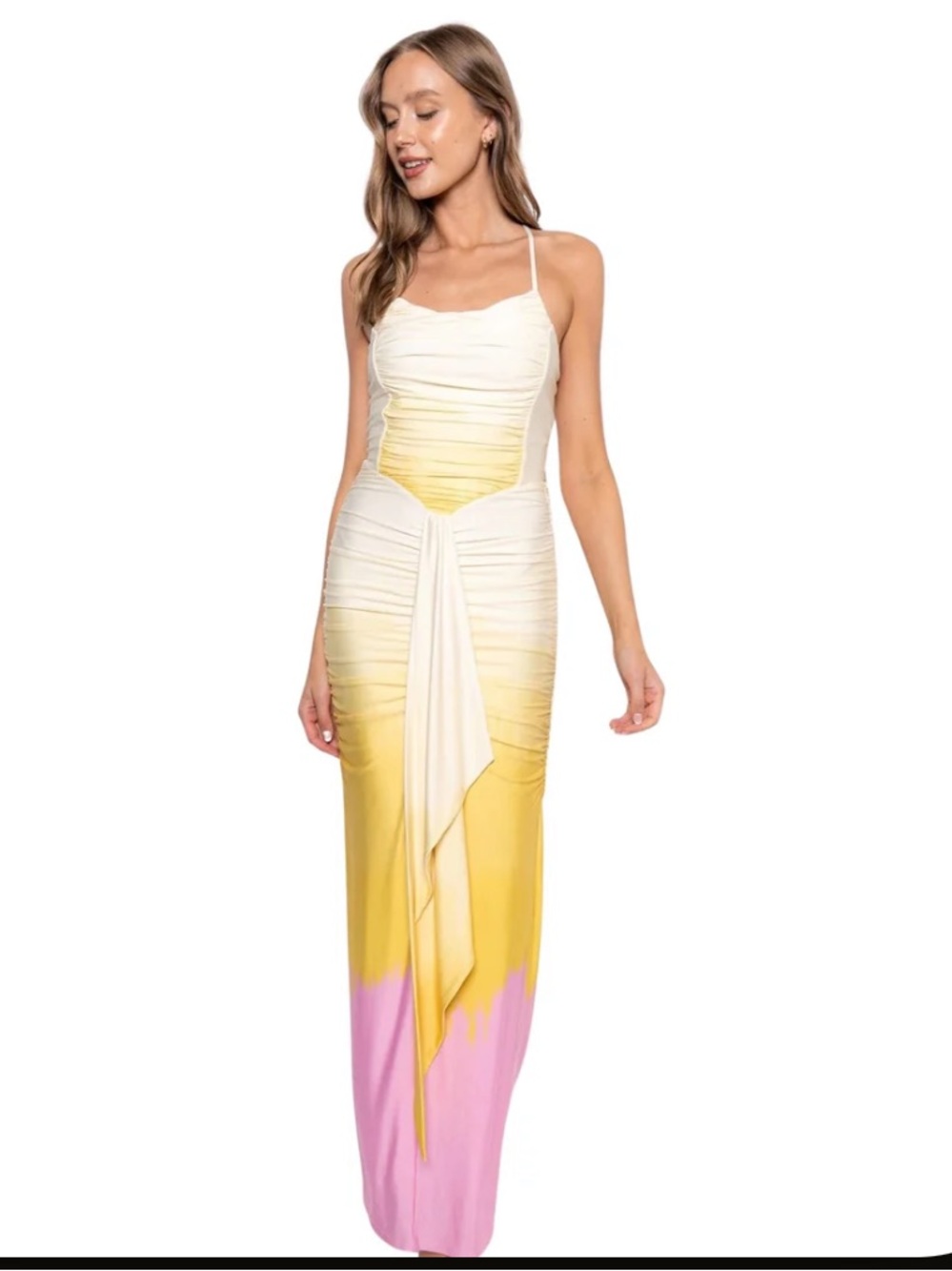 Sleeveless Ombre Maxi Dress with Draped Front - Yellow Pink